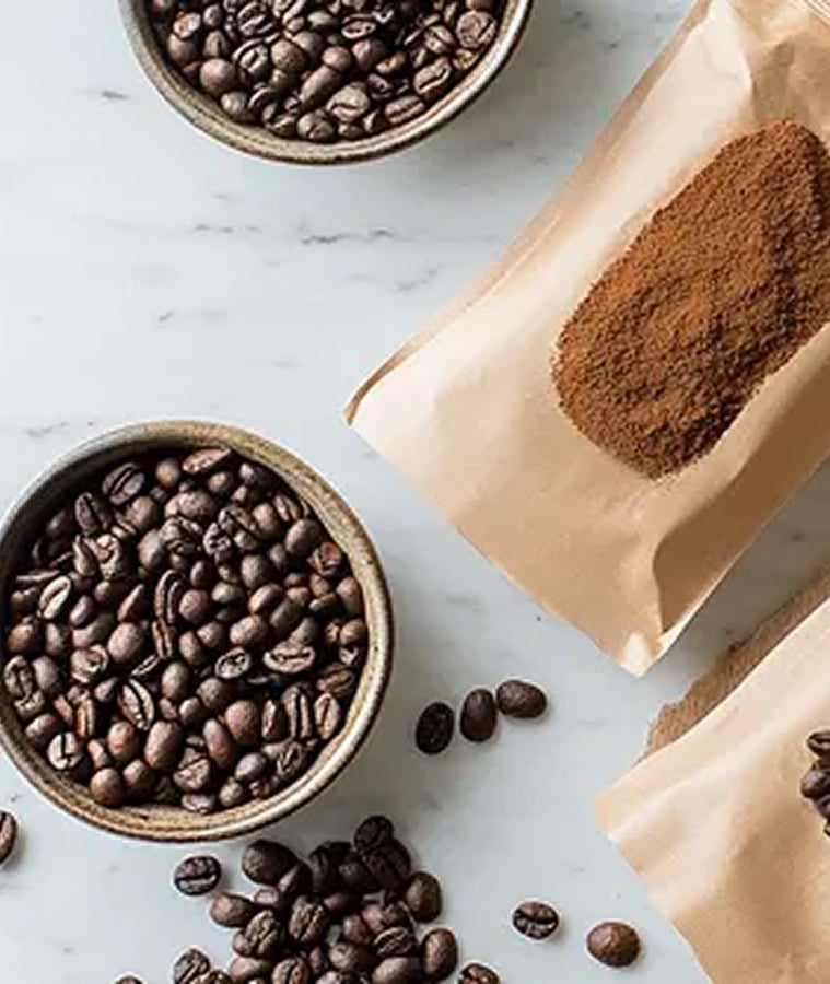 Roasted coffee beans and ground coffee in kraft paper packaging