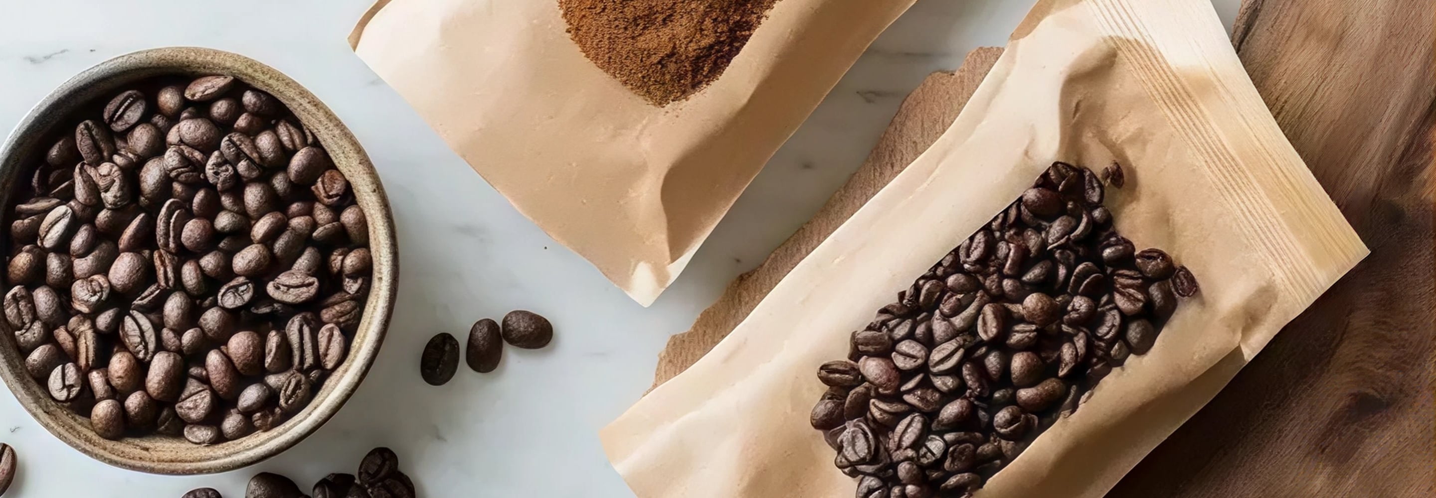 Roasted coffee beans and ground coffee in kraft paper packaging