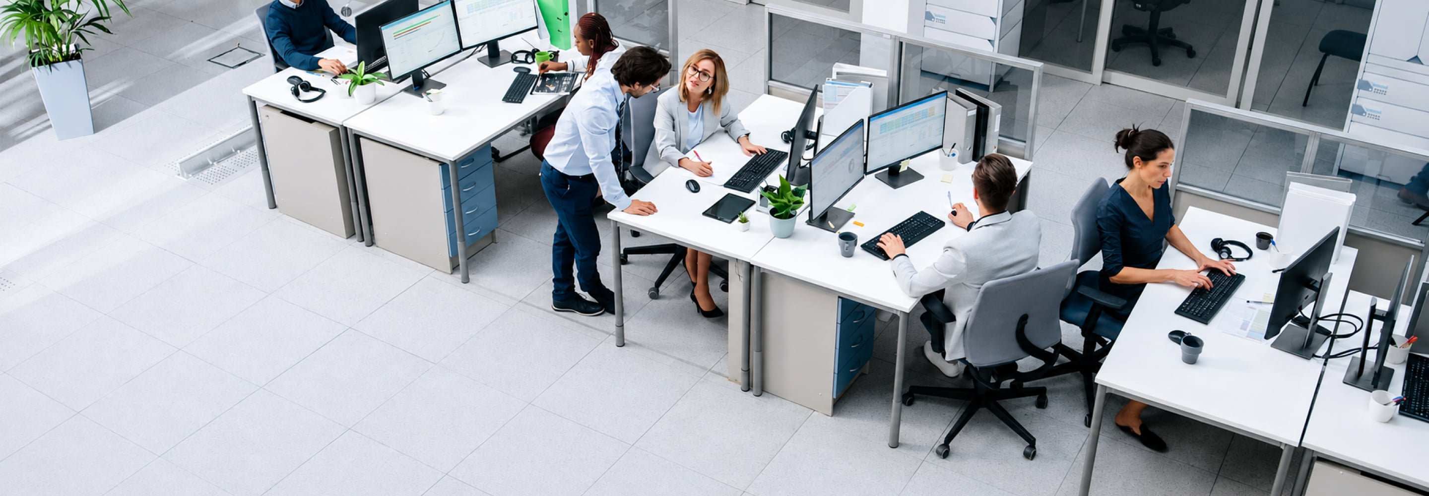 Employees working at computers in a modern open-plan office
