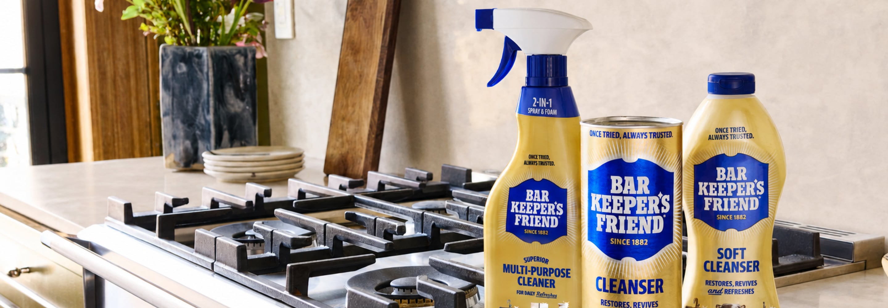 Bar Keepers Friend cleanser and multi-purpose cleaner bottles next to a stainless steel gas stove