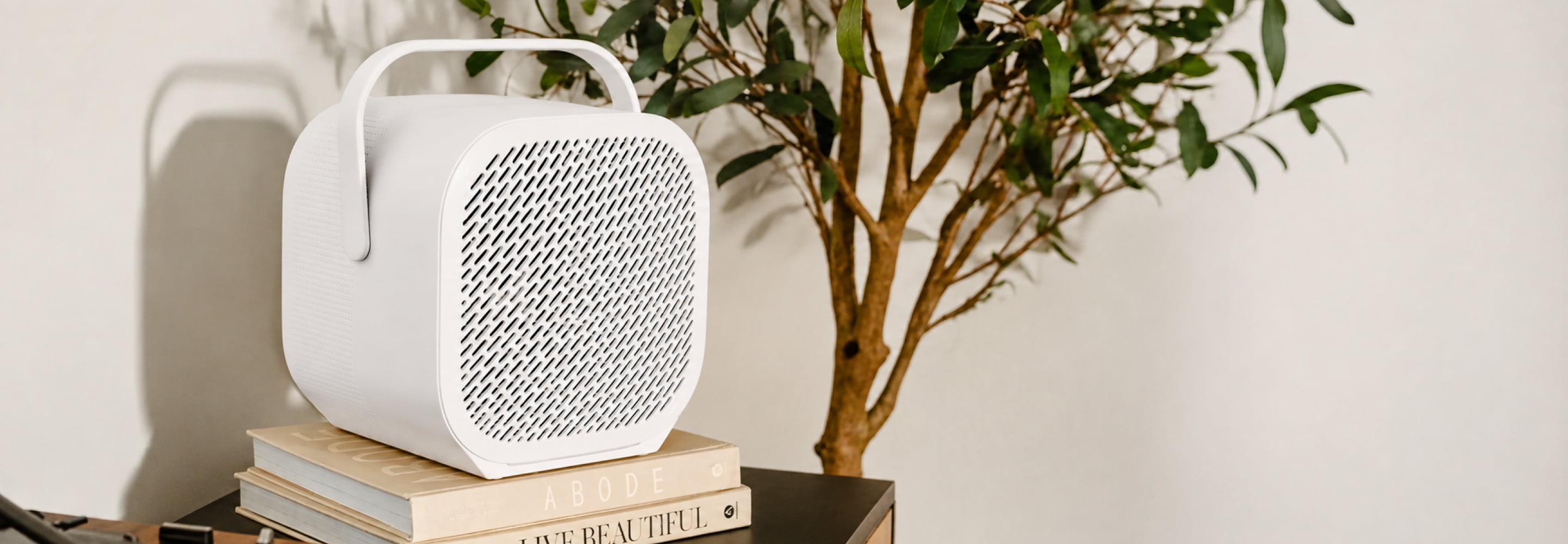 White portable air purifier on a stack of books beside a potted plant