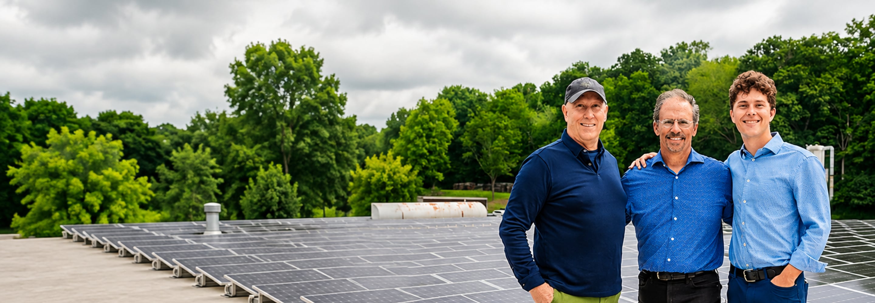 Smiling team members standing in front of rooftop solar panels