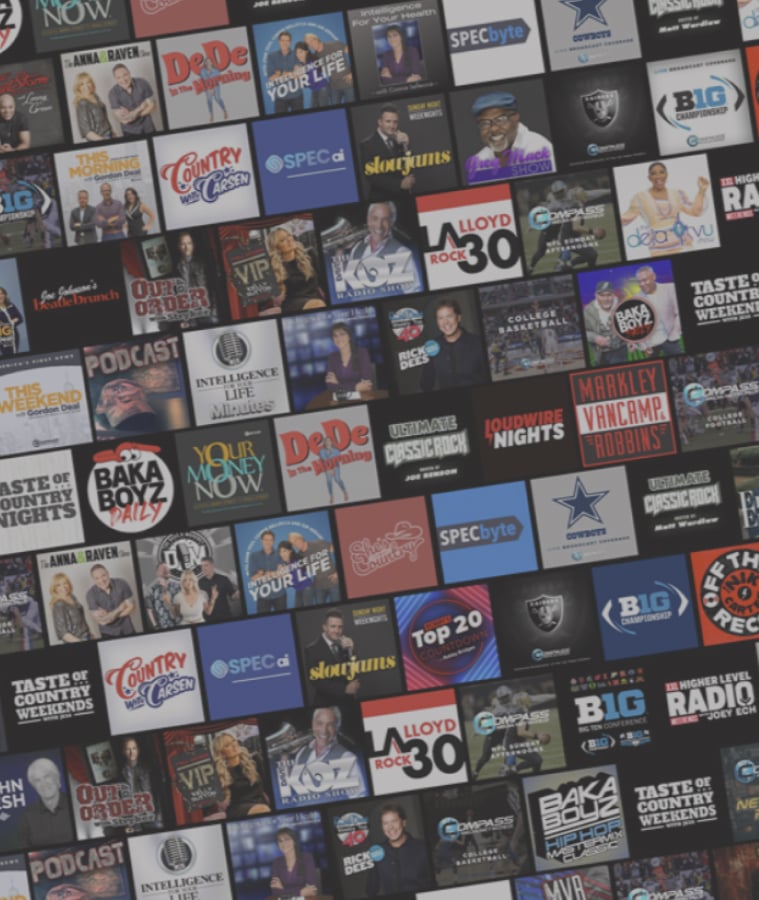 Wall of logos for sports, entertainment, and talk radio shows and podcasts