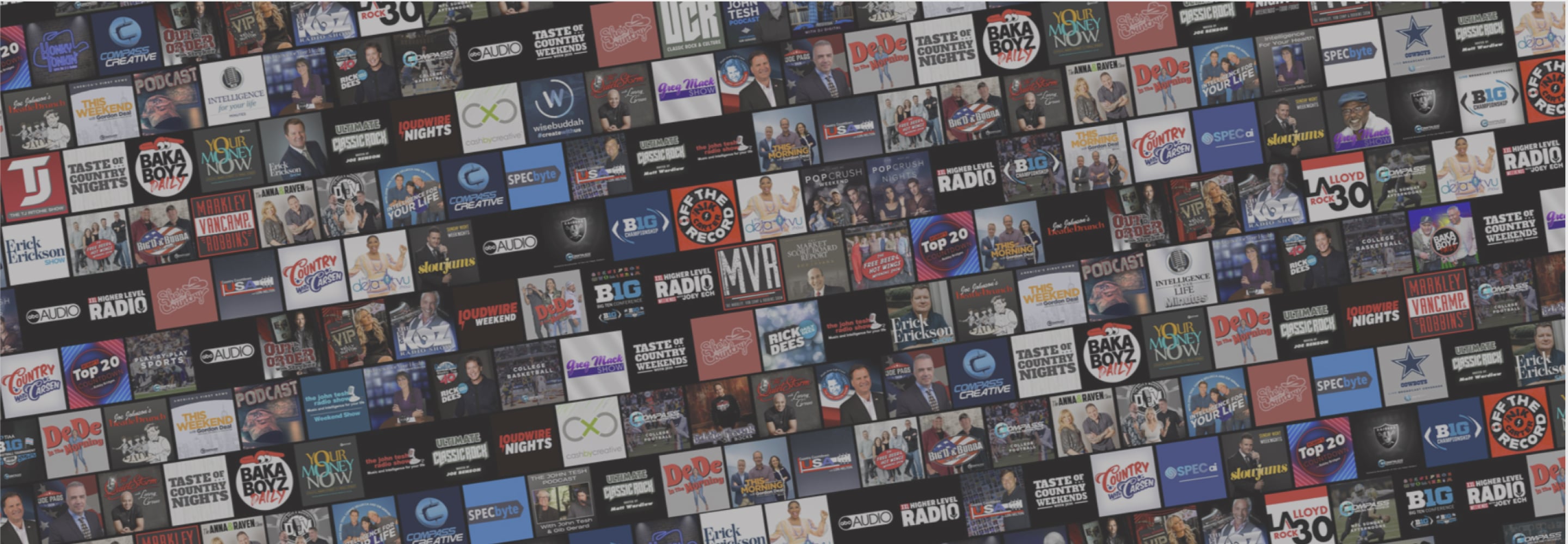 Wall of logos for sports, entertainment, and talk radio shows and podcasts