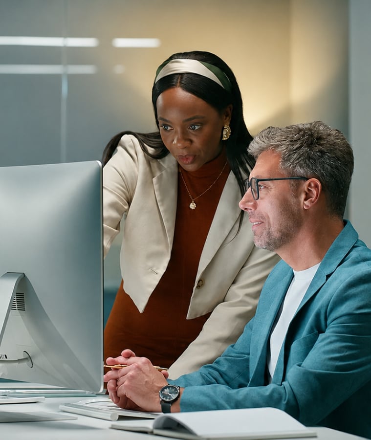 Two colleagues reviewing loan portfolio data together on a computer