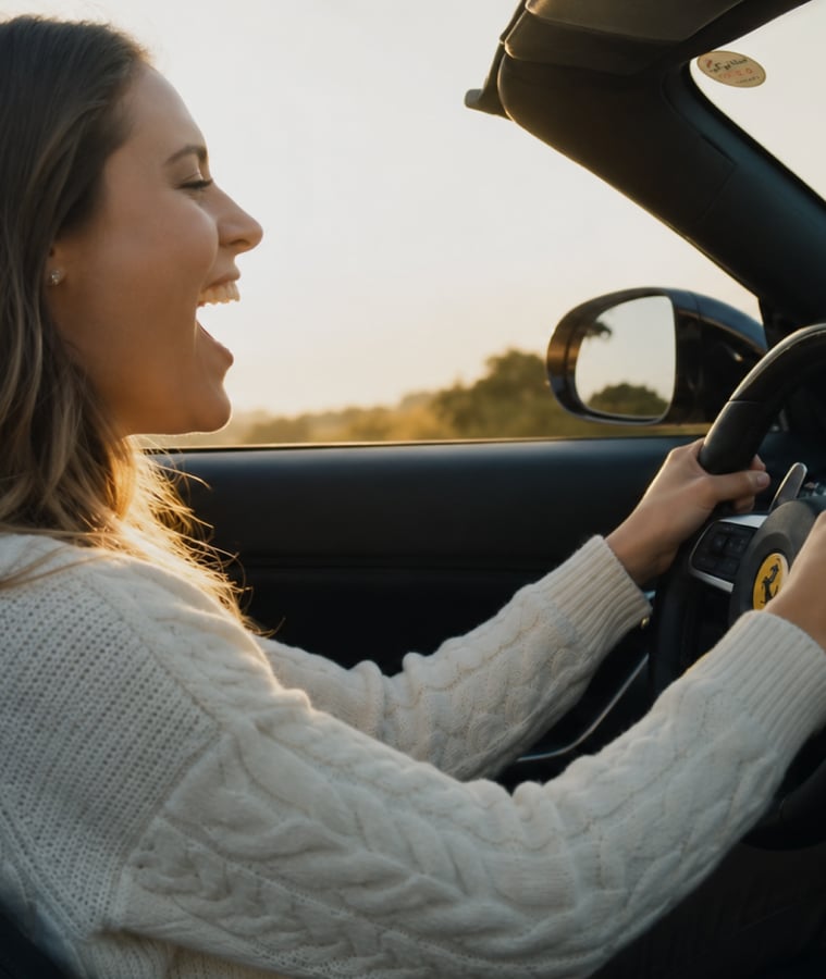 Woman laughing while driving a convertible, enjoying the radio