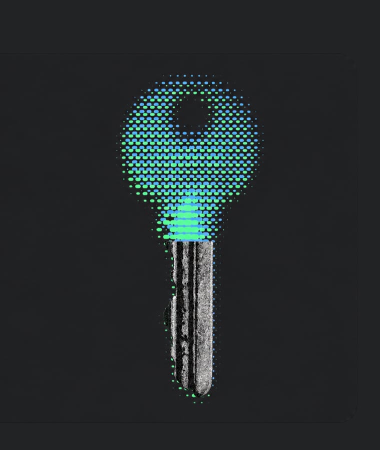 Digital key made of glowing green pixels on a dark background, symbolizing identity and access management