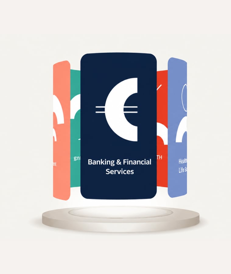 Digital service cards for industries including banking and financial services displayed on a podium