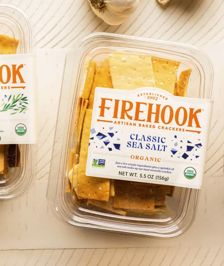 Firehook organic crackers in rosemary sea salt and classic sea salt flavors