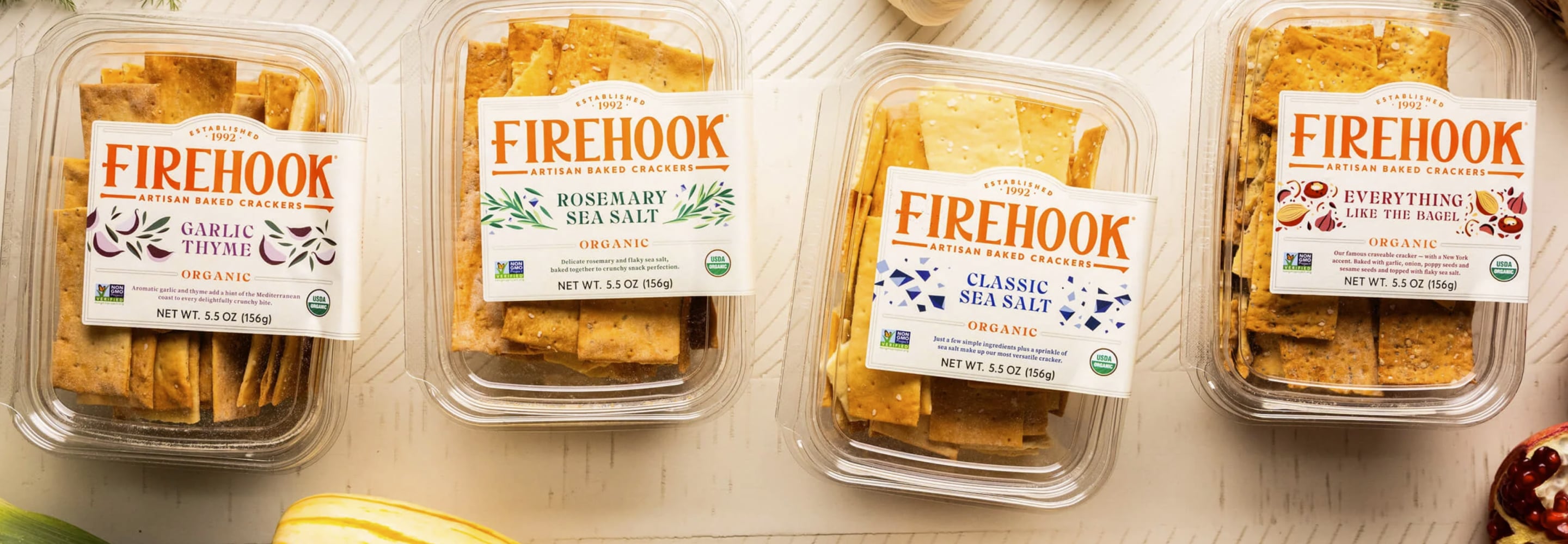 Firehook organic crackers in rosemary sea salt and classic sea salt flavors