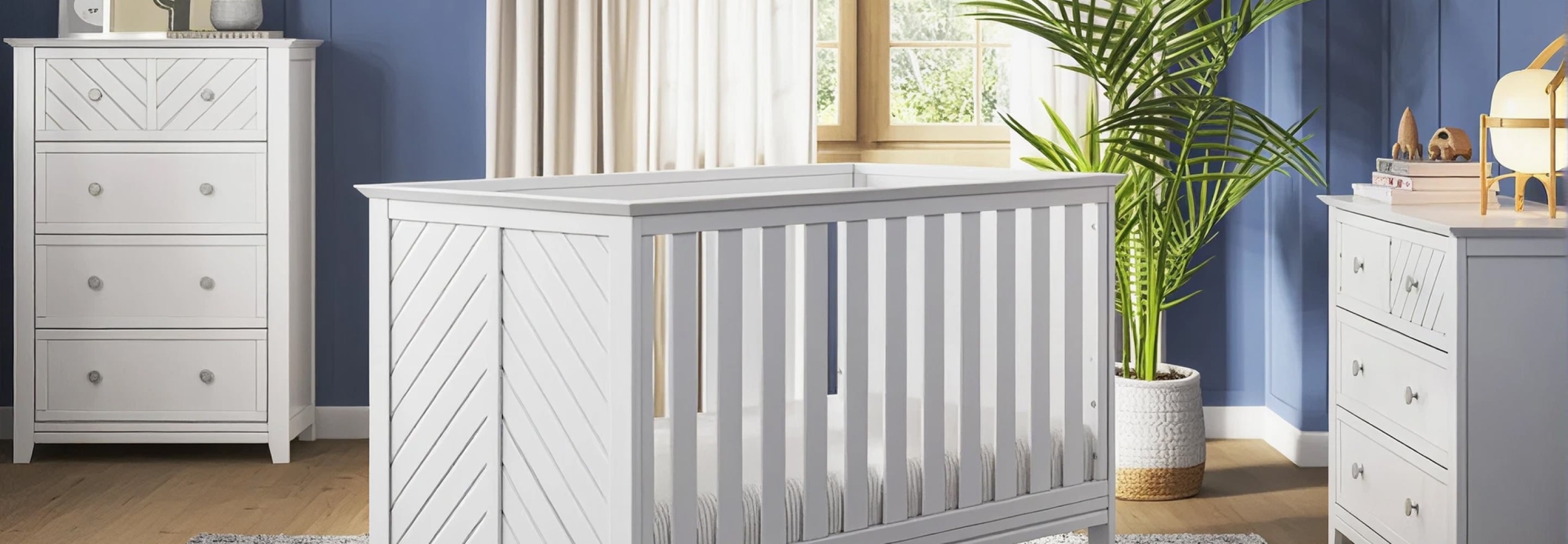 White crib in a bright, modern nursery