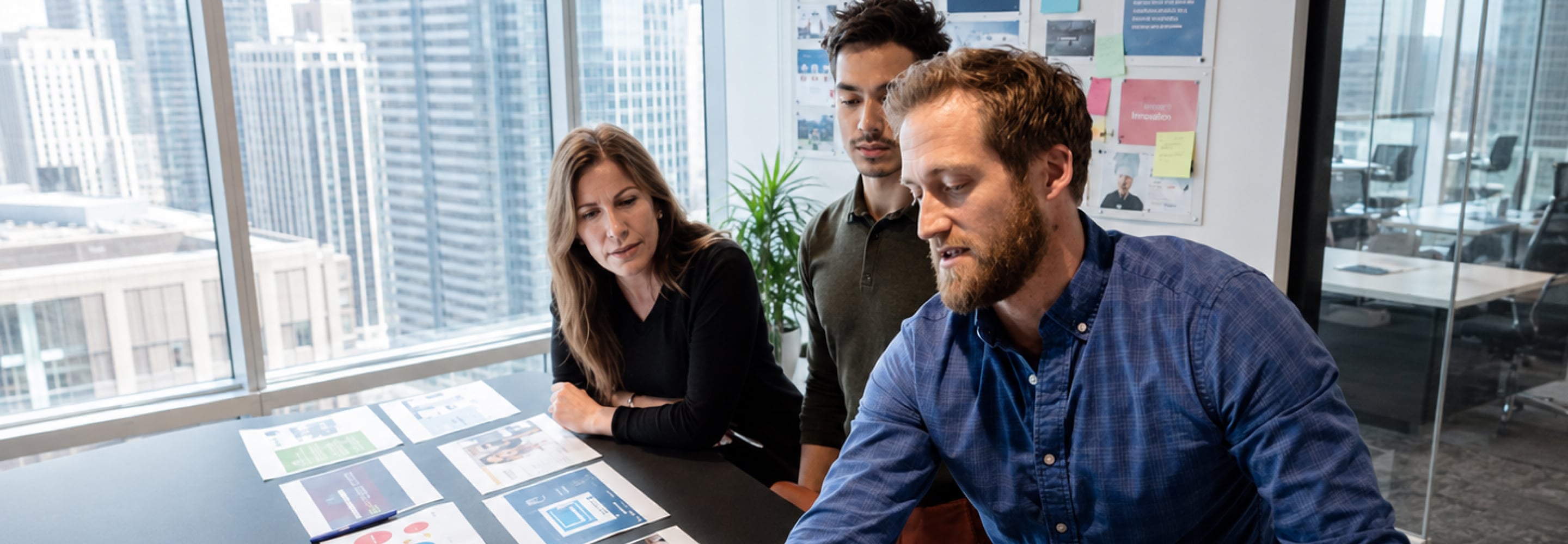 Colleagues reviewing digital marketing materials together at a table