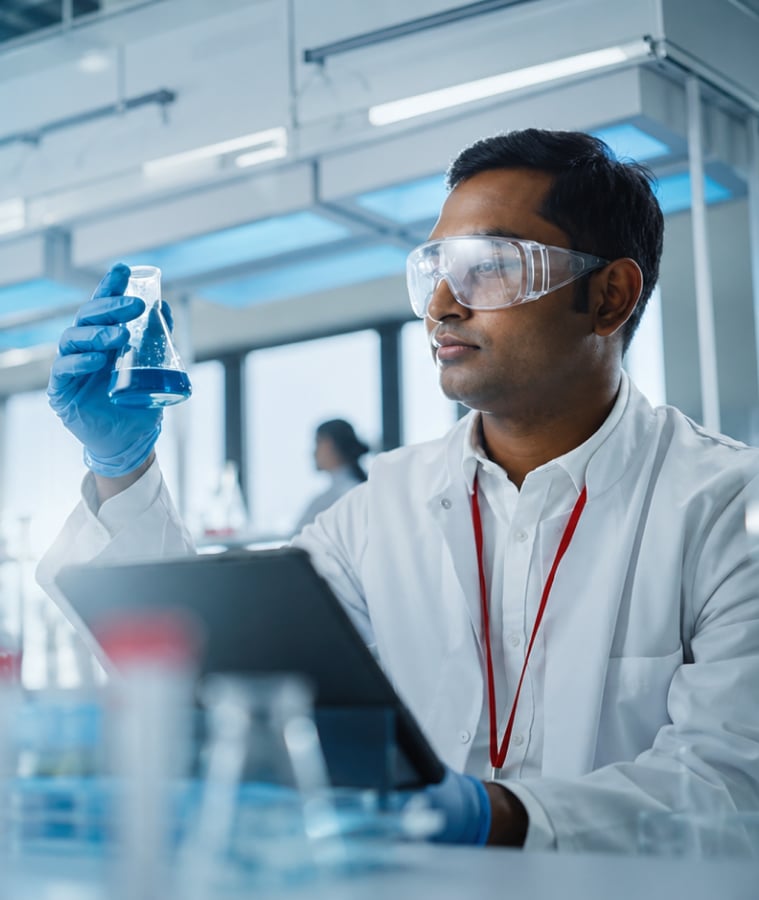 Lab scientist in safety glasses examining a sample vial in a laboratory