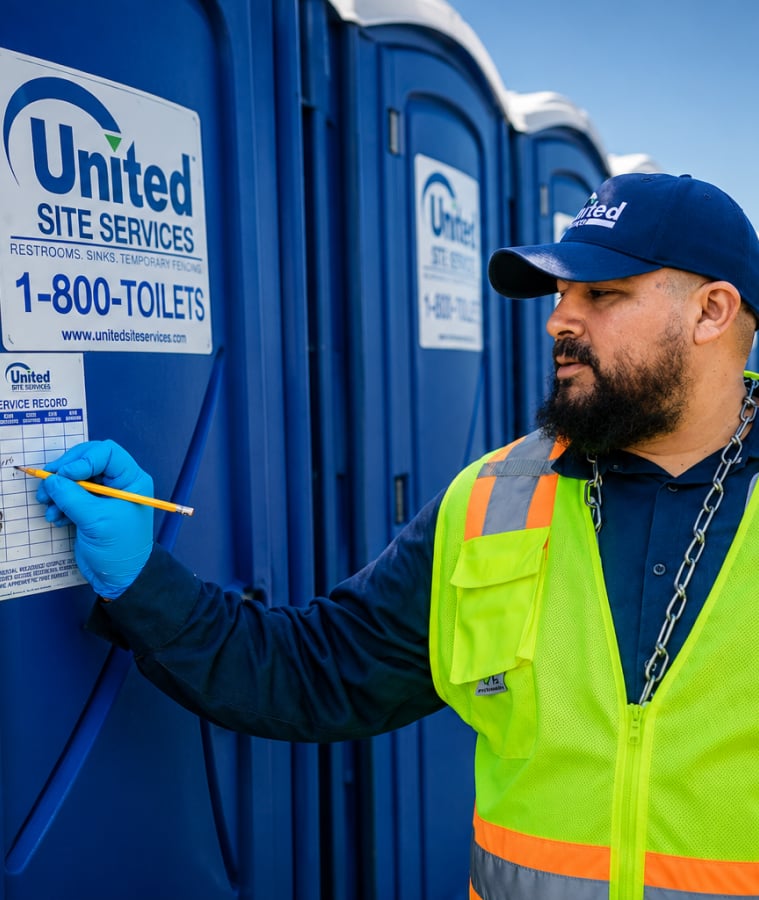 Portable sanitation technician in a high-visibility vest servicing portable restrooms