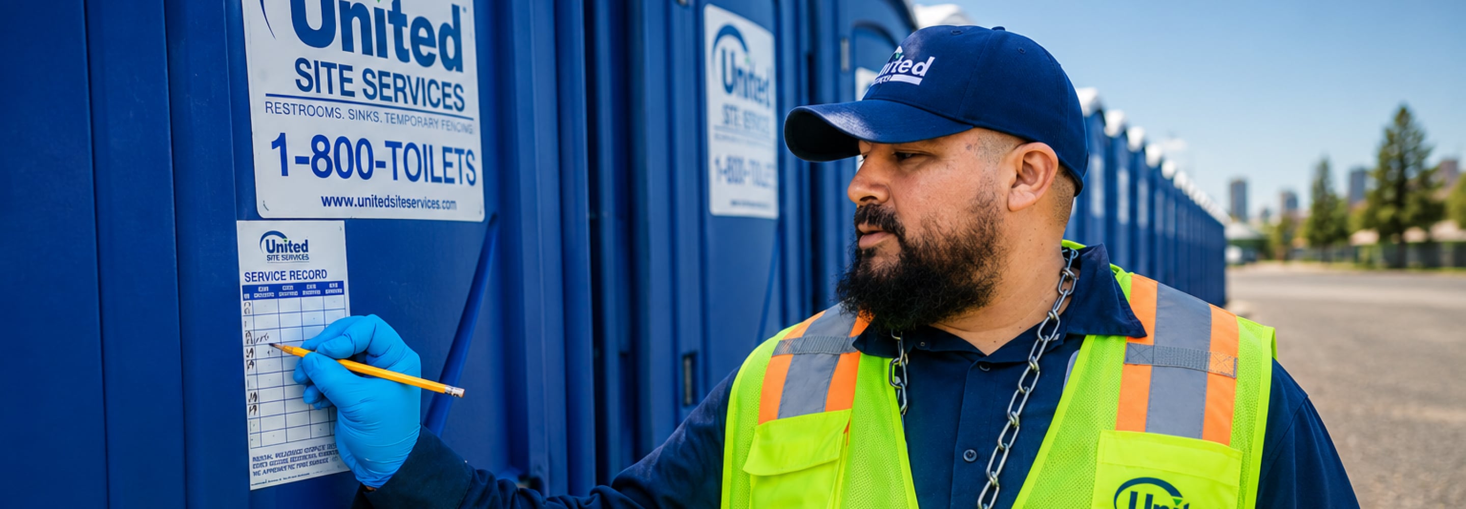 Portable sanitation technician in a high-visibility vest servicing portable restrooms