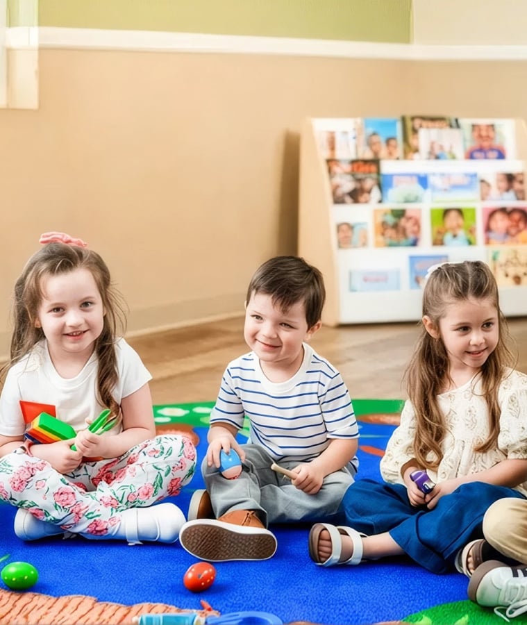 Smiling preschool children playing together in a classroom