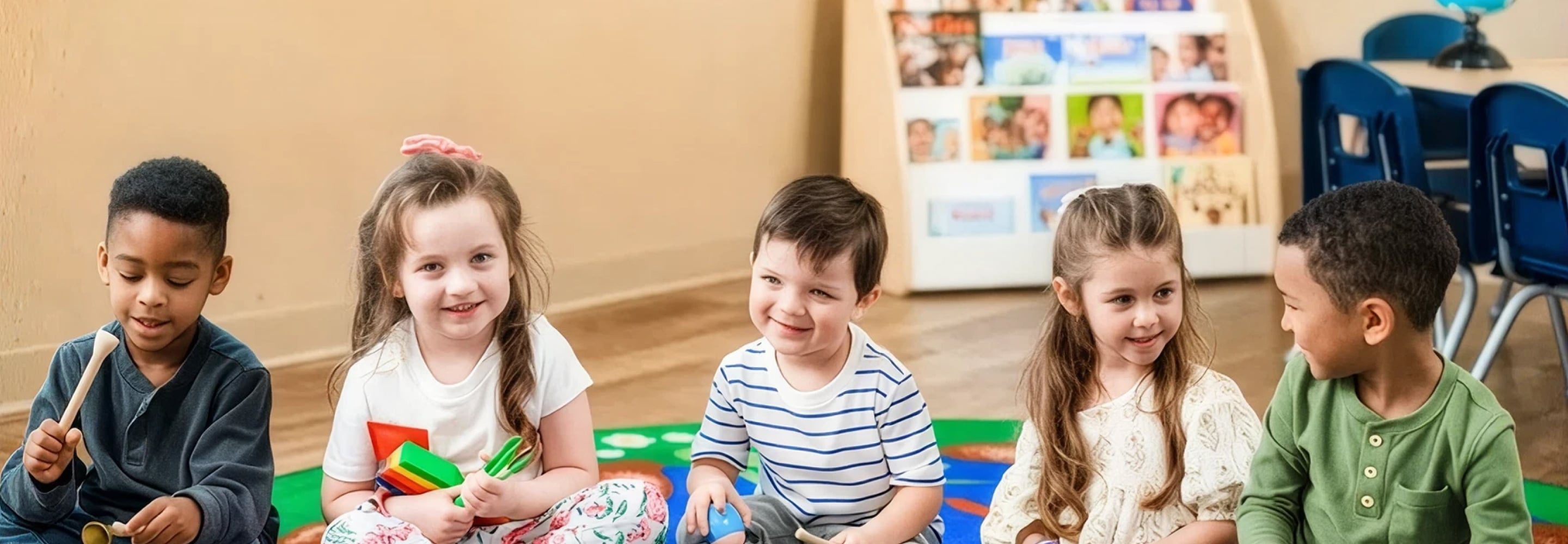 Smiling preschool children playing together in a classroom