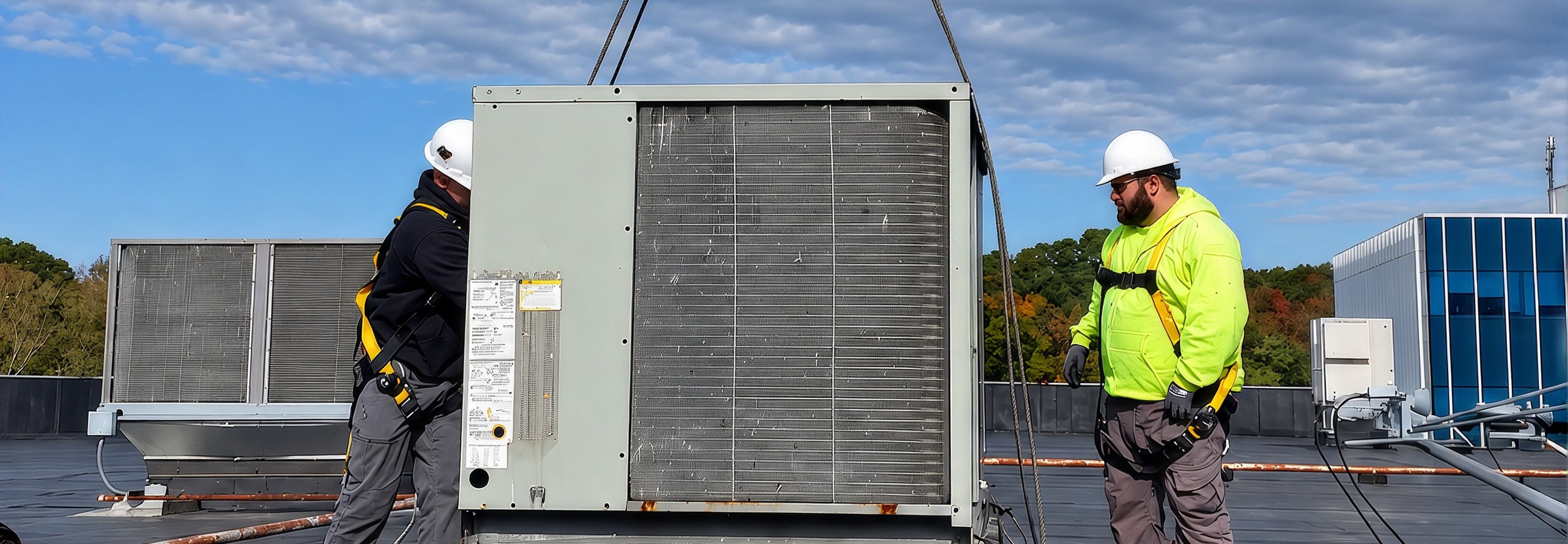 HVAC technicians in hard hats guiding a commercial rooftop unit as it is lifted into place