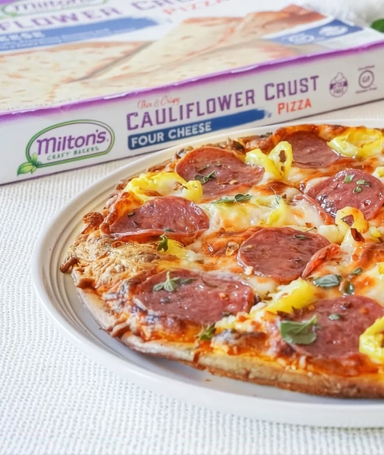 Close-up of a pepperoni cauliflower crust pizza