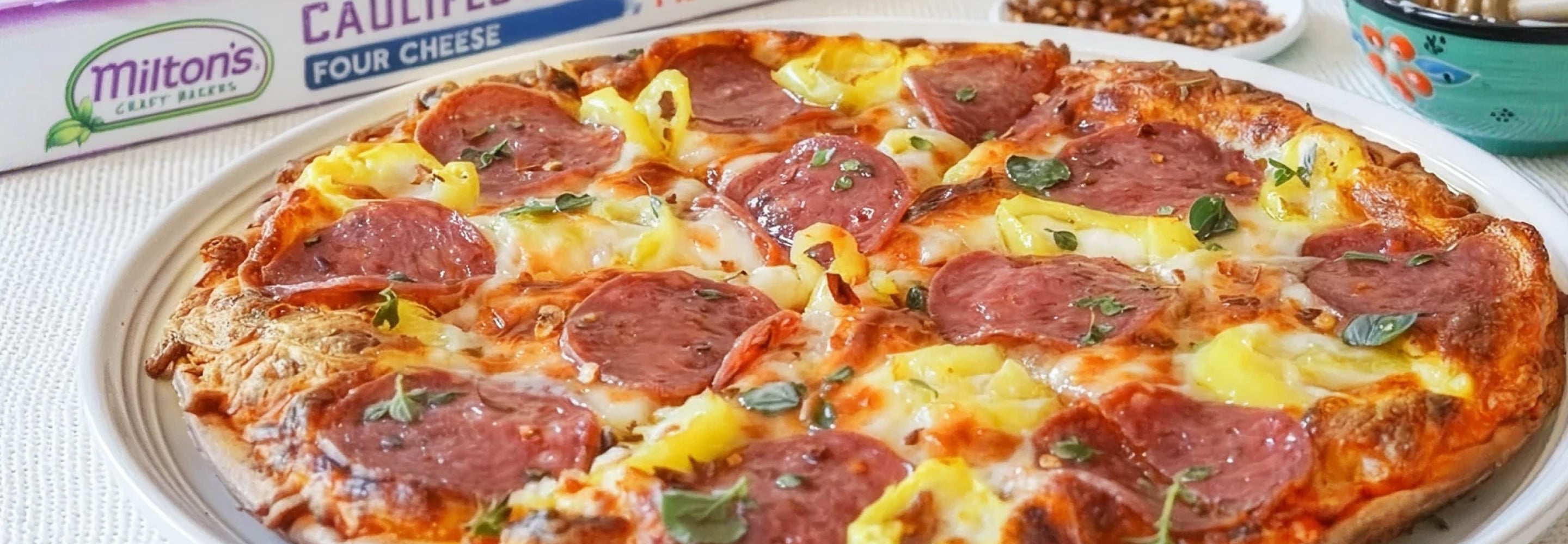 Close-up of a pepperoni cauliflower crust pizza