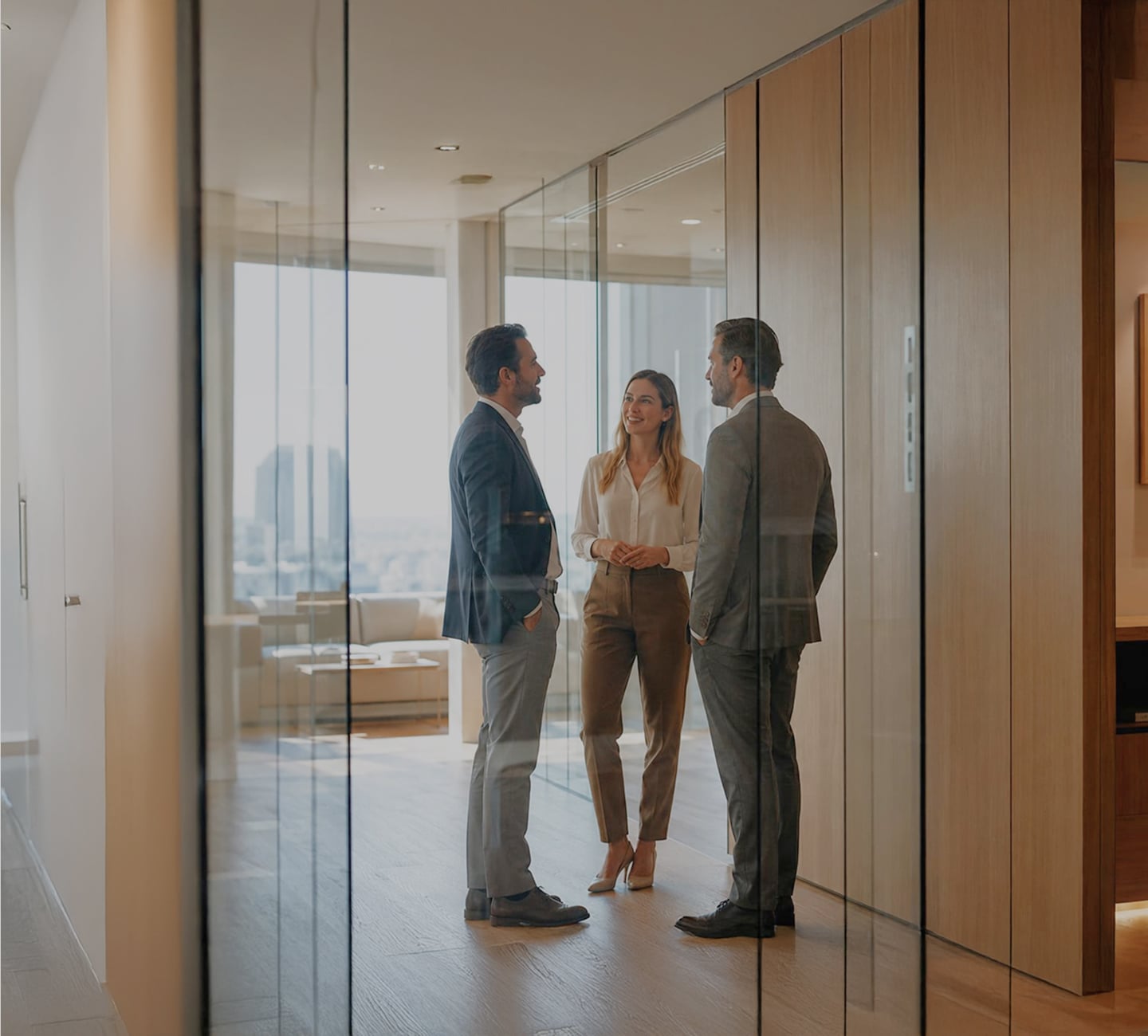 Three Balance Point Capital team members in business attire talking in a modern office hallway