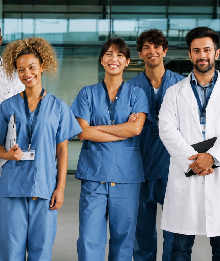 Smiling team of doctors and nurses in scrubs and white coats