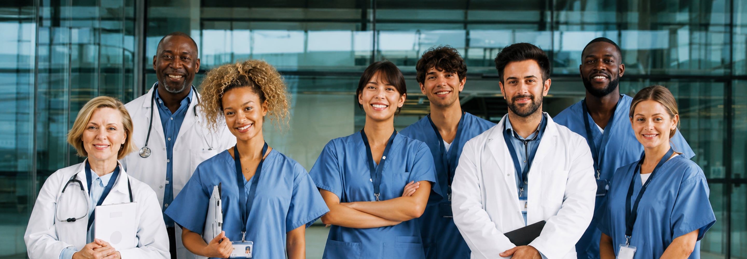 Smiling team of doctors and nurses in scrubs and white coats