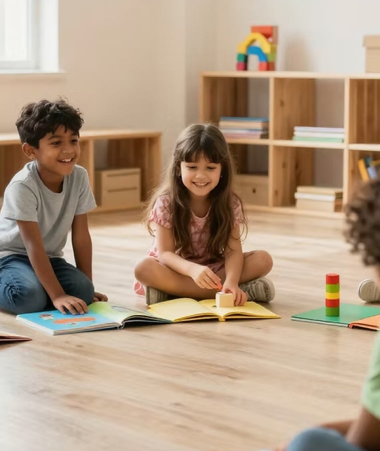Young children playing with toys and books on the floor of a bright preschool classroom