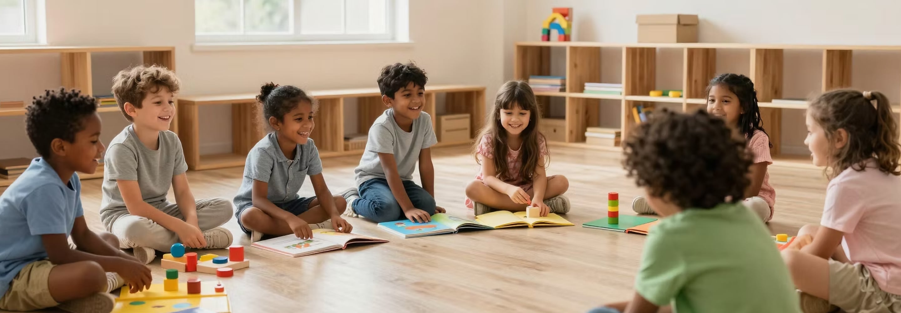 Young children playing with toys and books on the floor of a bright preschool classroom