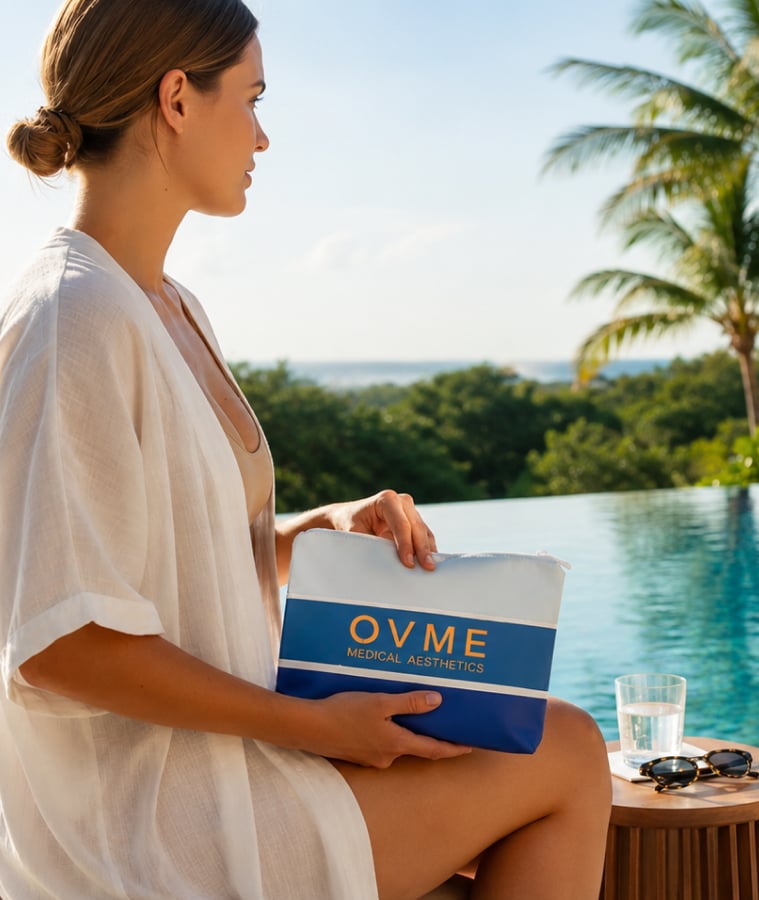 Woman relaxing poolside holding an OVME medical aesthetics bag