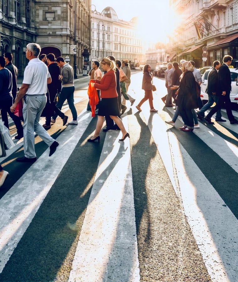 Crowd of people crossing a busy city street at a crosswalk