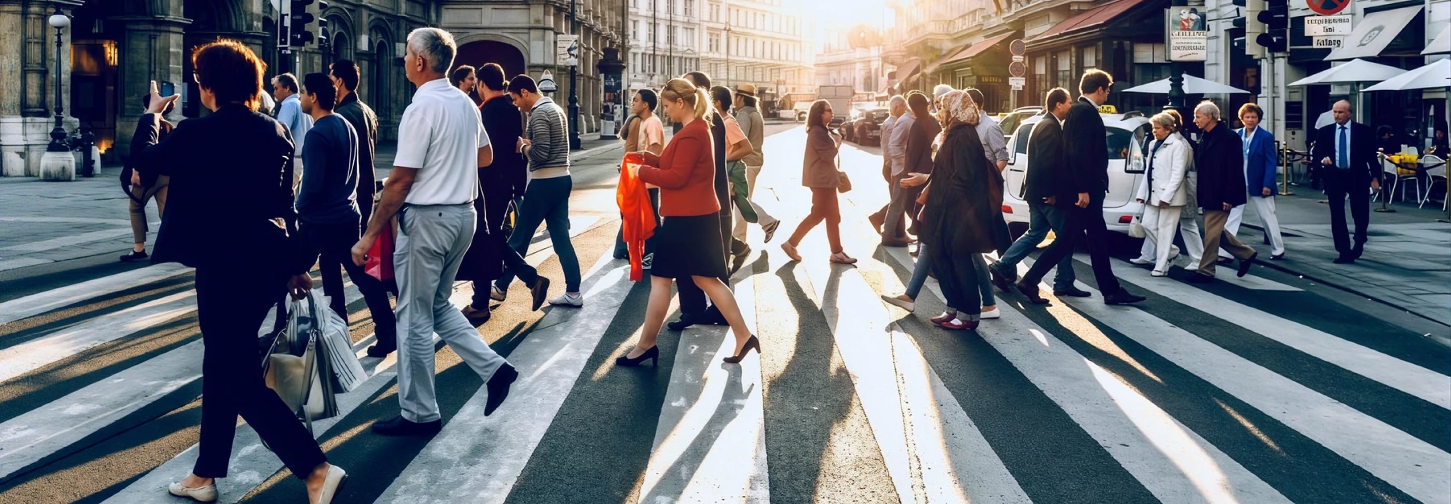 Crowd of people crossing a busy city street at a crosswalk