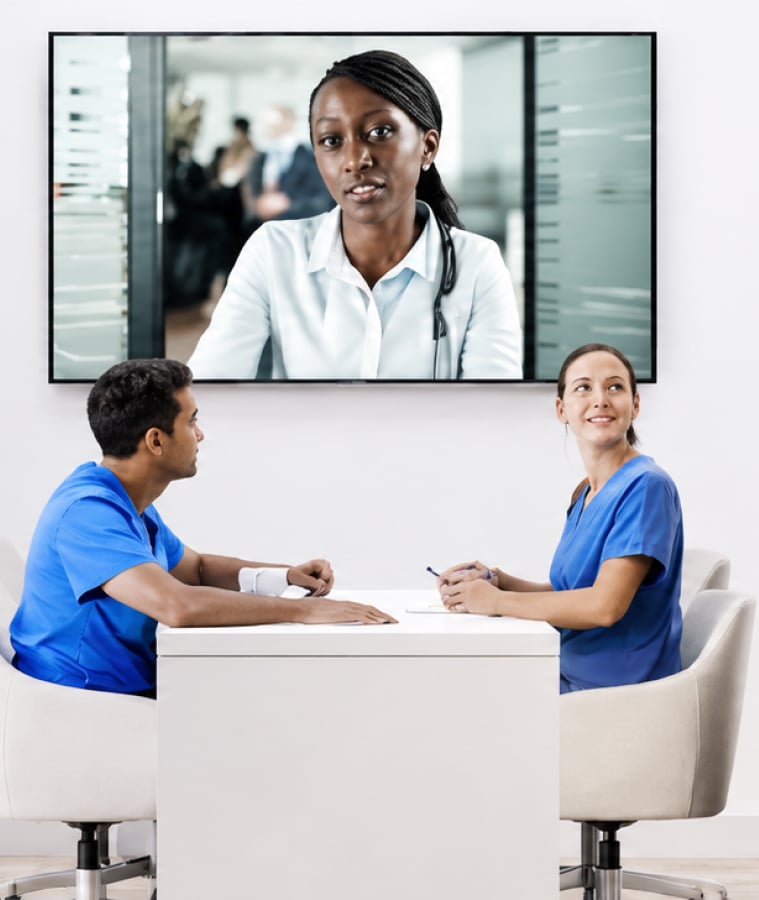 Patient and nurse in a clinic with a doctor on a video call on a wall-mounted screen