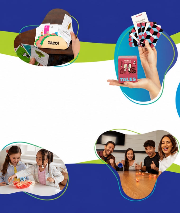 Collage of children and families playing games, puzzles, and toys together