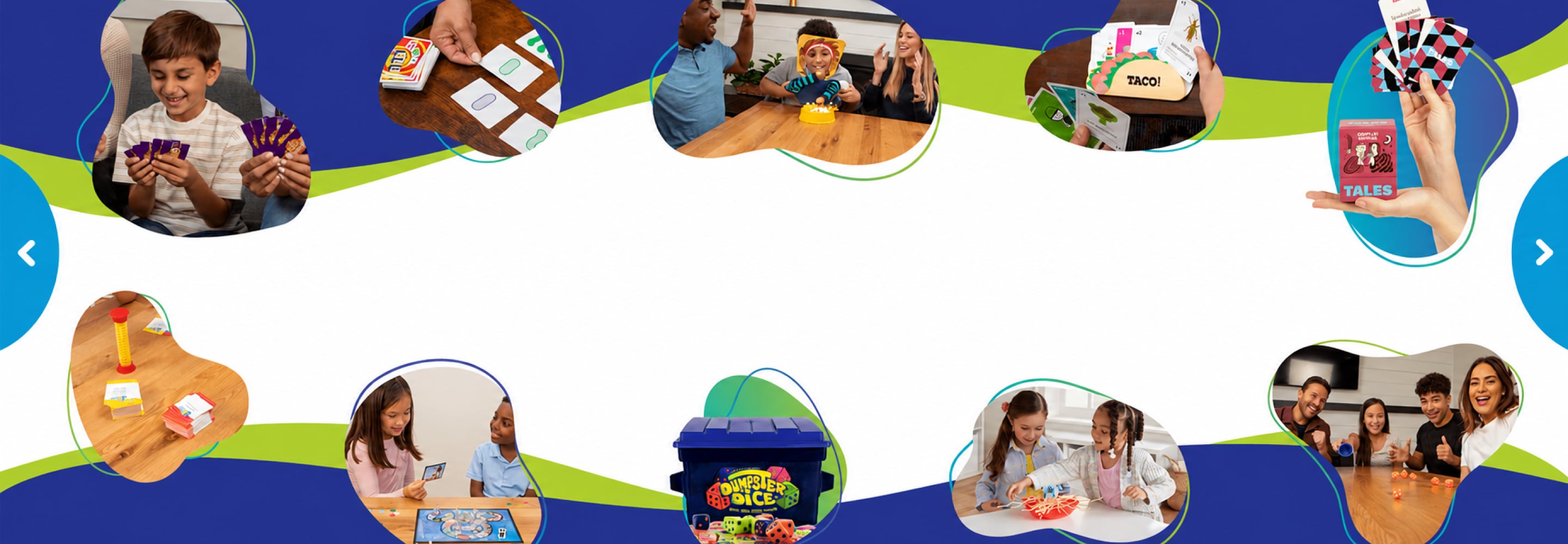 Collage of children and families playing games, puzzles, and toys together
