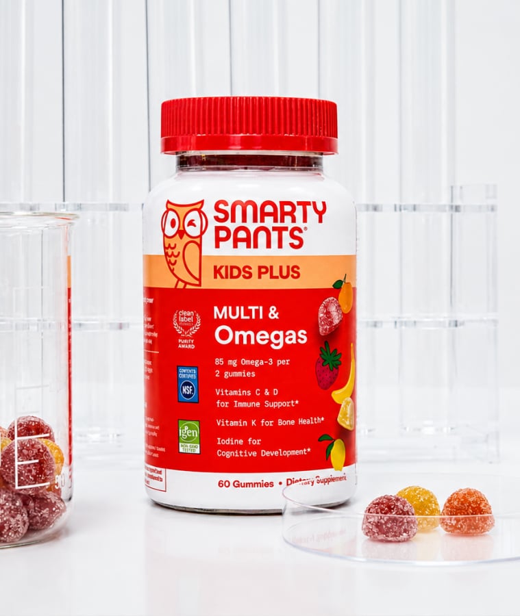 Bottle of SmartyPants Kids Plus Multi and Omegas gummy vitamins