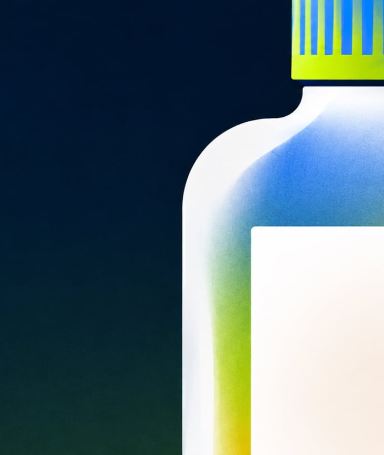 Illustration of a colorful pharmaceutical bottle on a dark navy background