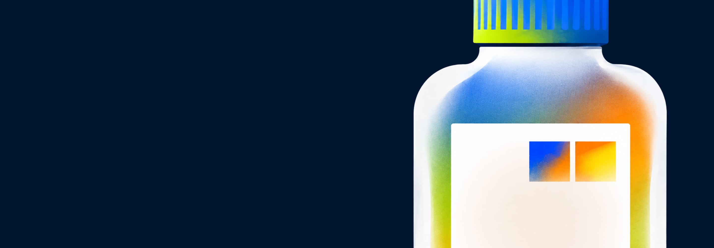 Illustration of a colorful pharmaceutical bottle on a dark navy background