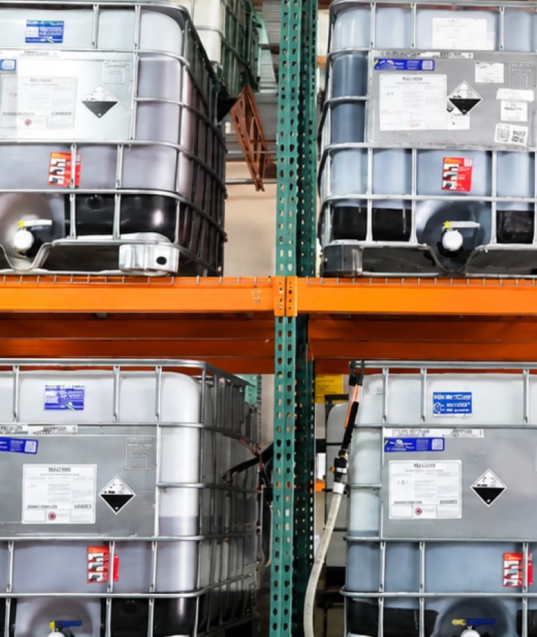 Industrial water treatment tanks stacked on warehouse shelving