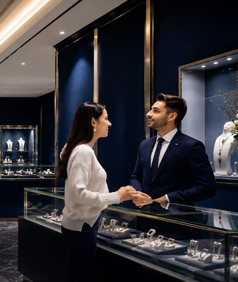 Elegant jewelry store showroom with illuminated display cases