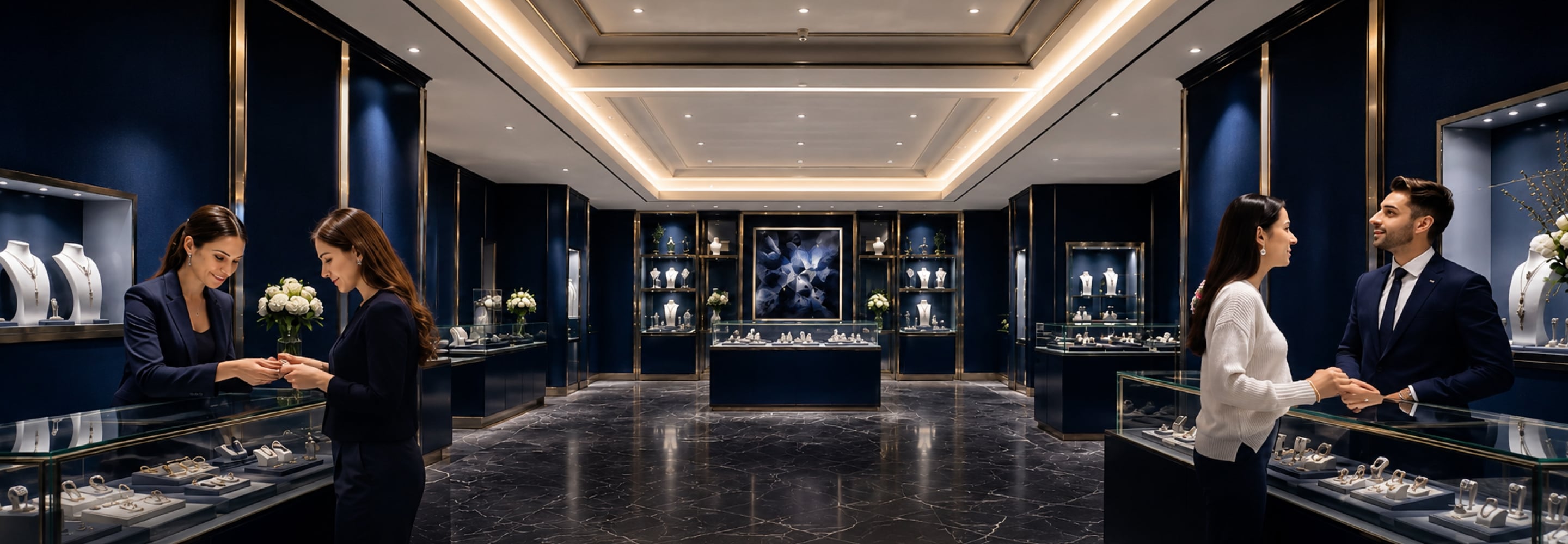 Elegant jewelry store showroom with illuminated display cases