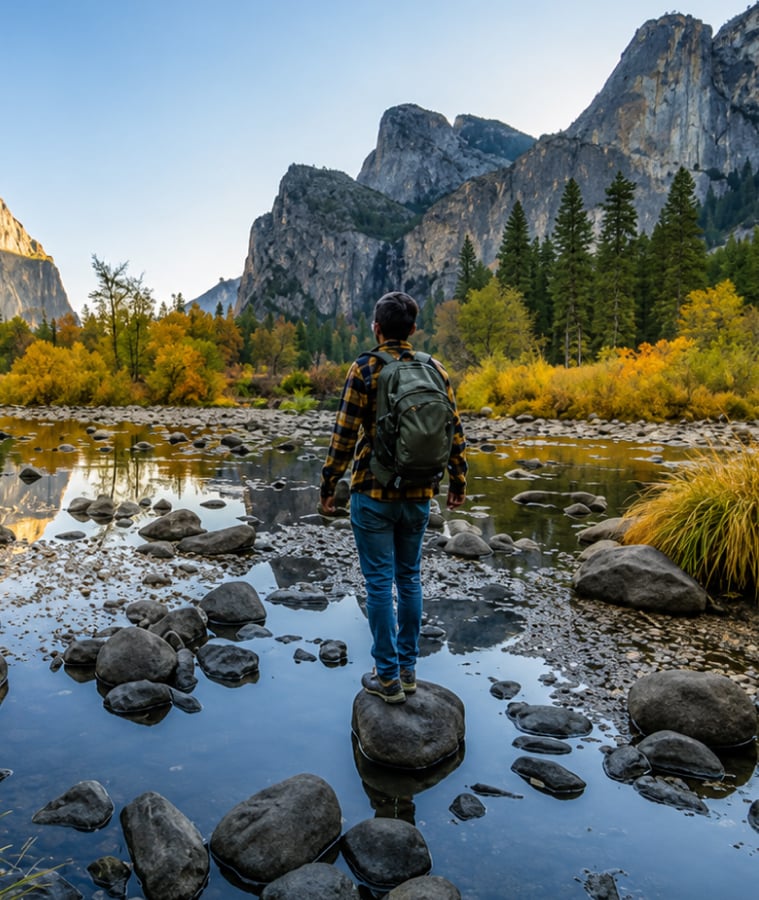 Hiker standing by a mountain river surrounded by autumn trees and granite cliffs