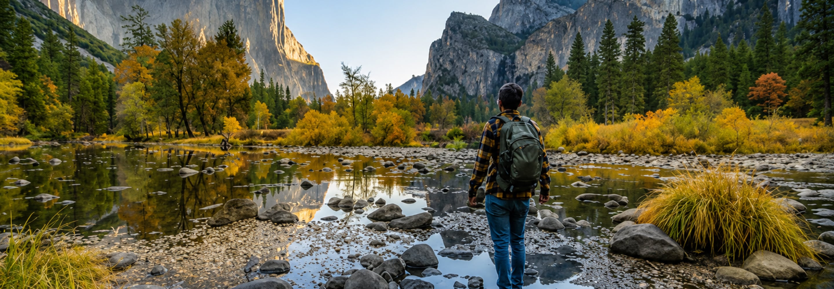 Hiker standing by a mountain river surrounded by autumn trees and granite cliffs
